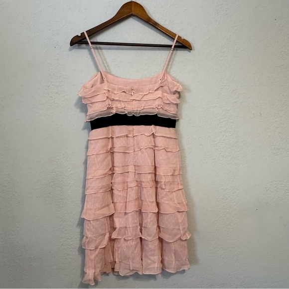 Women's BCBGMaxAzria Soft Ballet Pink Dress with Ruffles & Black Waistband - Picture 9 of 14